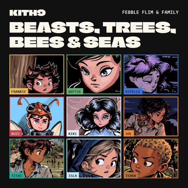 Album cover for Beasts, Trees, Bees & Seas: the nine Kith9 guardians in a grid of comic panels