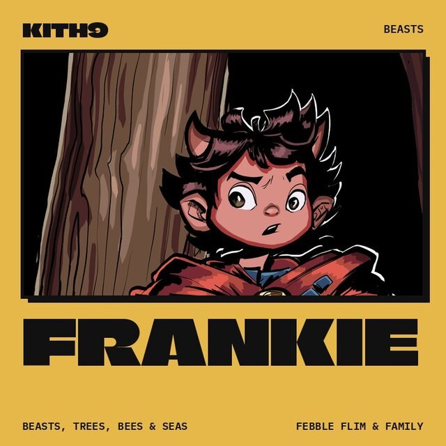Cover art for Hear My Running Feet (Beasts), Frankie's song: Frankie in the forest beside a tree trunk