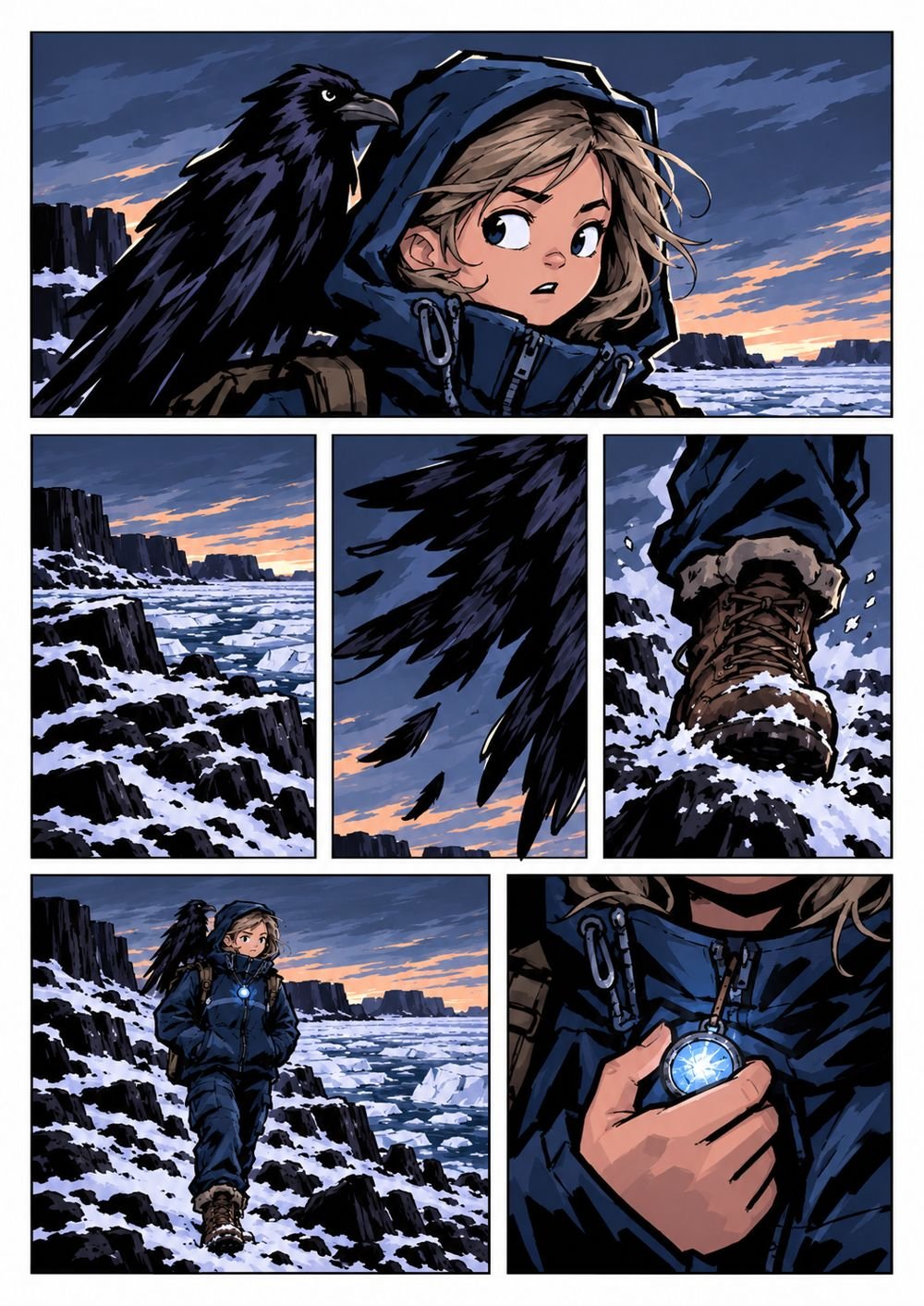 Comic page: Isla and Honest on the ice, her coin glowing at her chest