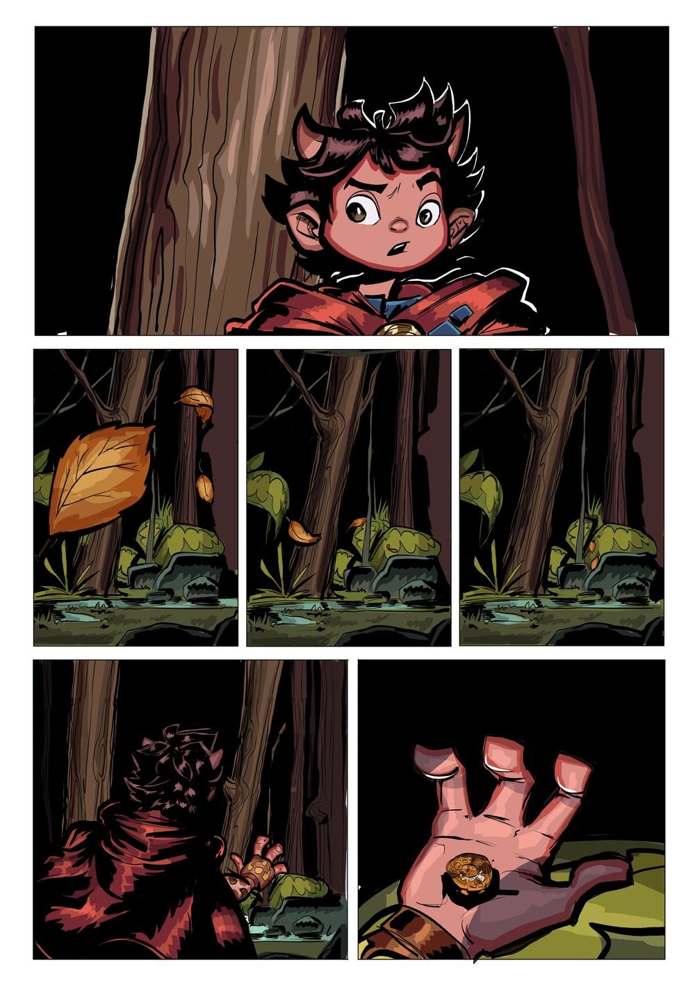 Comic page: Frankie in the forest, ending on a coin in his palm