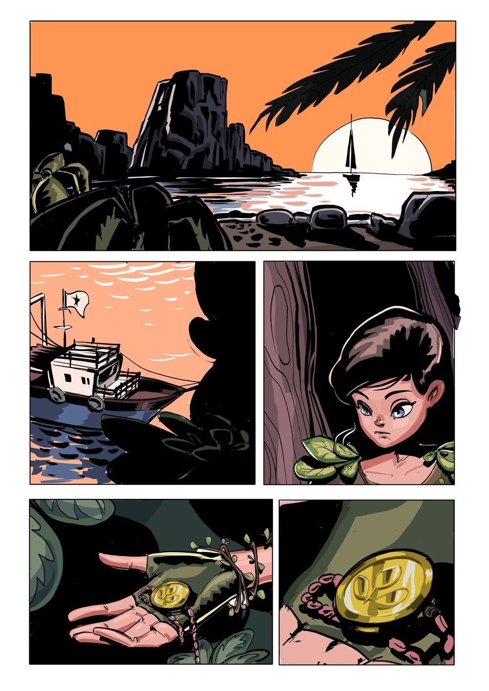 Comic page: Dottie on the coast at sunset, holding a green coin