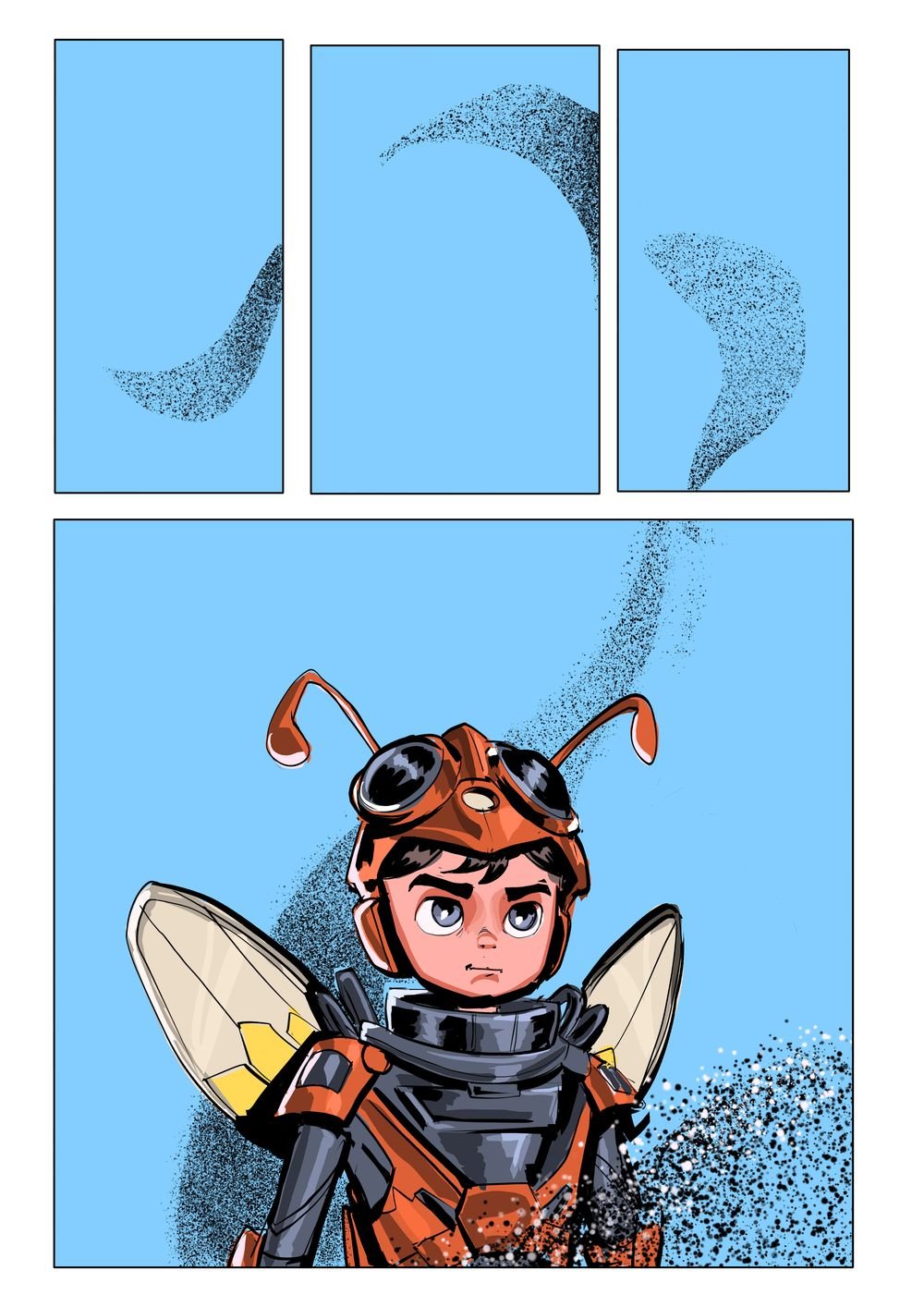 Comic page: a swarm forms around Buzz in his winged suit