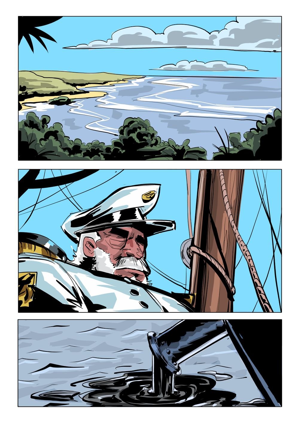 Comic page: a reef coastline, a ship's captain, and a pipe pouring into the sea