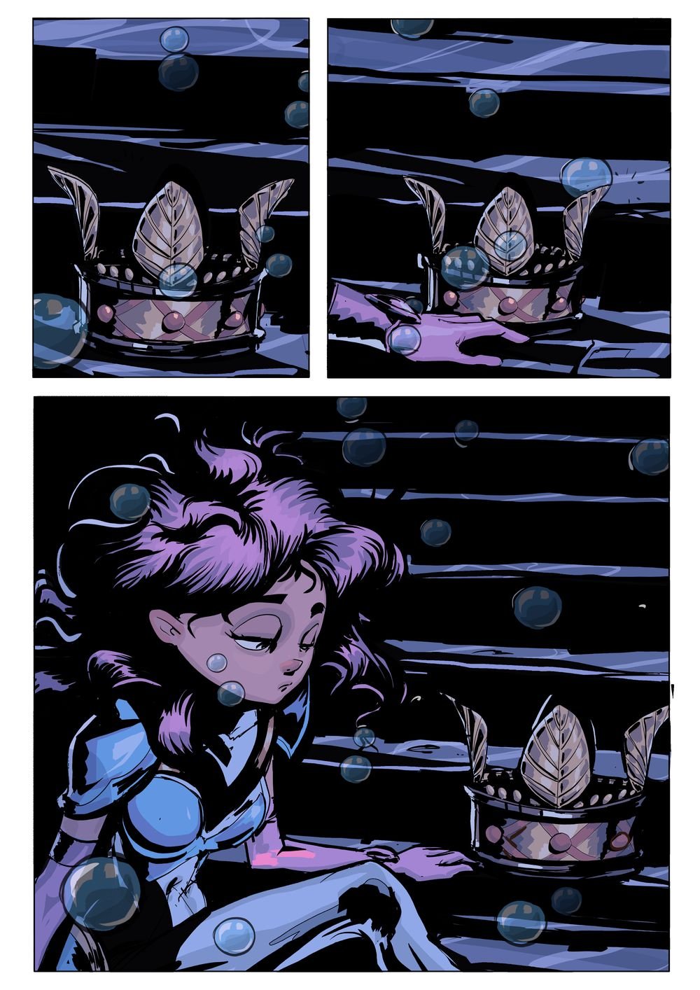 Comic page: Estelle underwater beside her grandmother's clay vessel