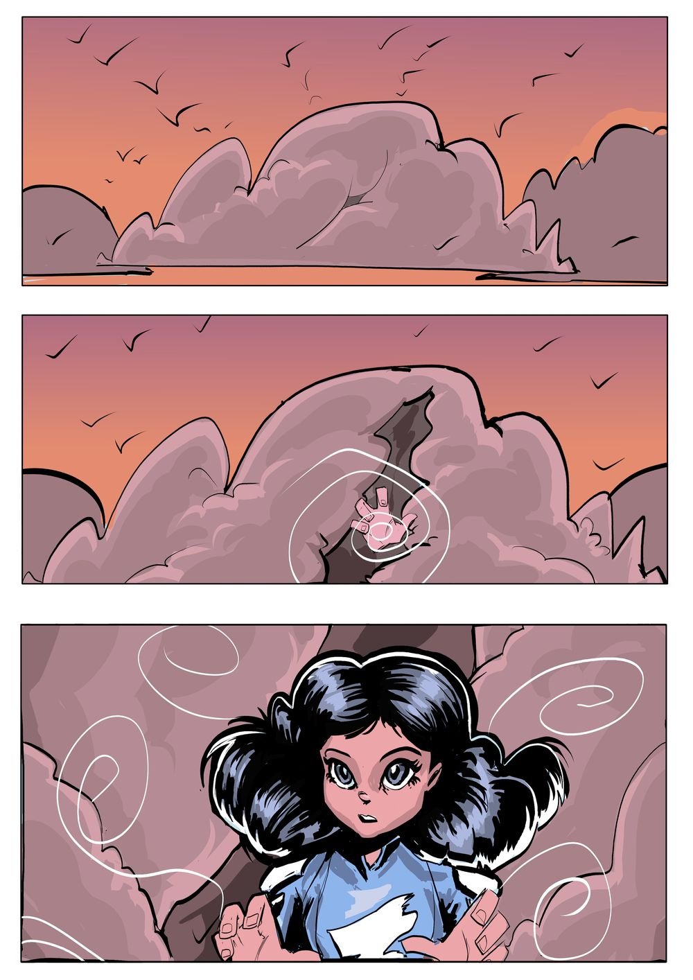 Comic page: birds over pink cloud, then Kiki among the clouds