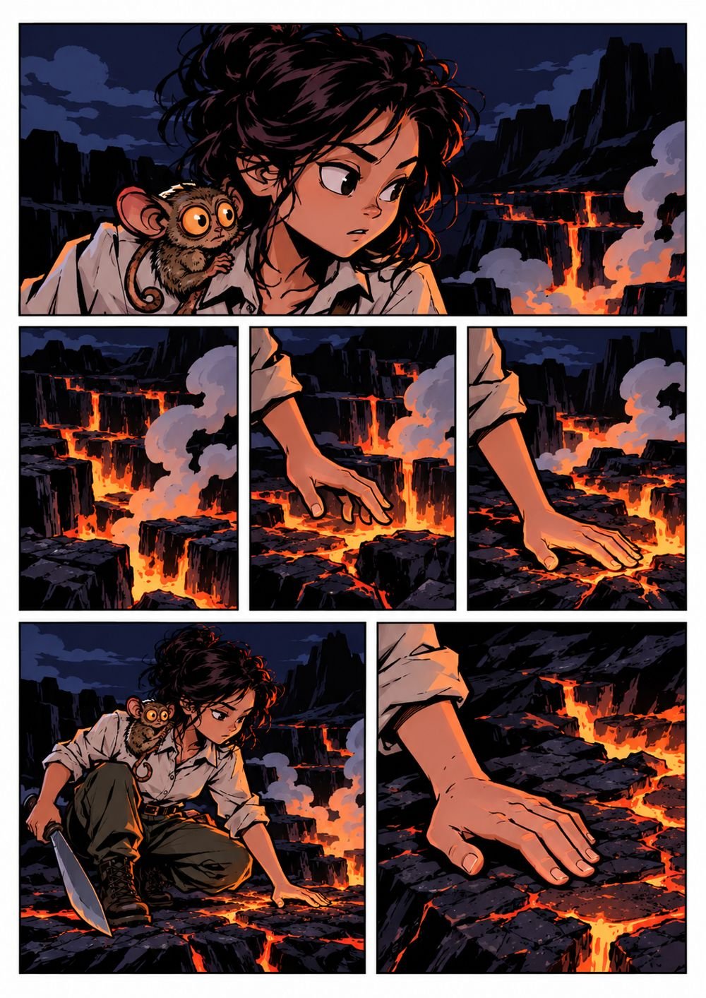 Comic page: Sol and Steady on the volcano, her hand on glowing rock