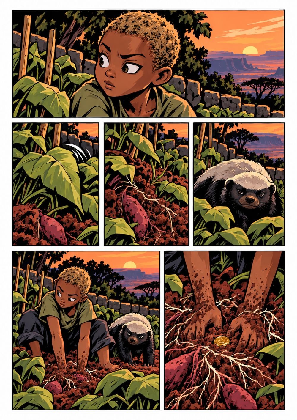 Comic page: Terra and Grit in the garden, her hands in the soil