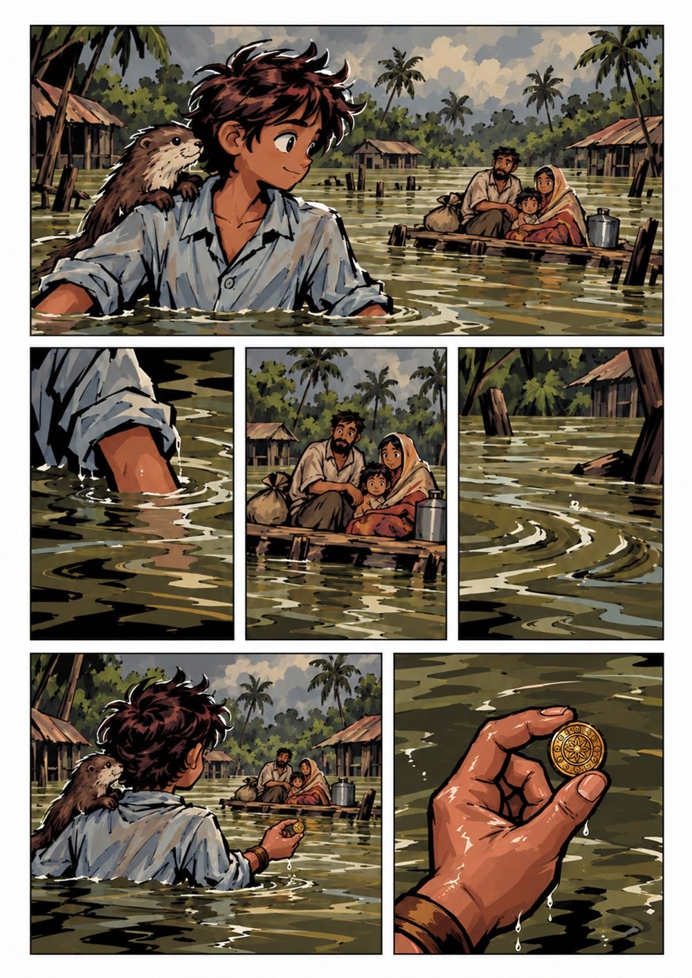 Comic page: Titas and Ladoo in the flood, a coin in his hand