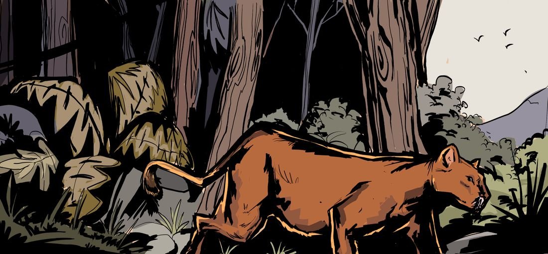 Comic panel: a big cat stalking through forest at dusk