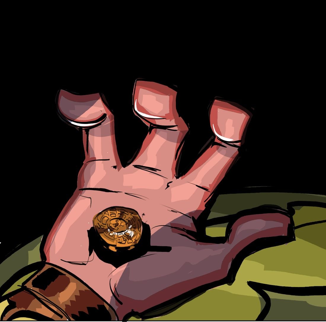 Comic panel: a gold coin glowing in an open palm