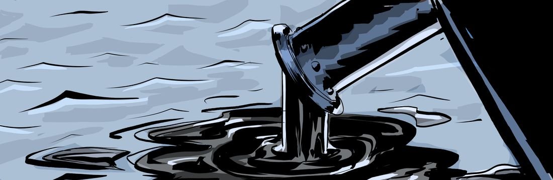 Comic panel: a pipe pouring black sludge into the sea