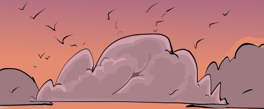 Comic panel: birds over a pink dusk sky and low cloud