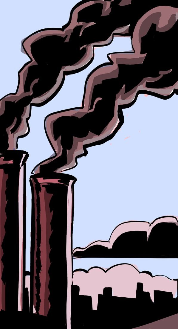 Comic panel: factory smokestacks pouring smoke