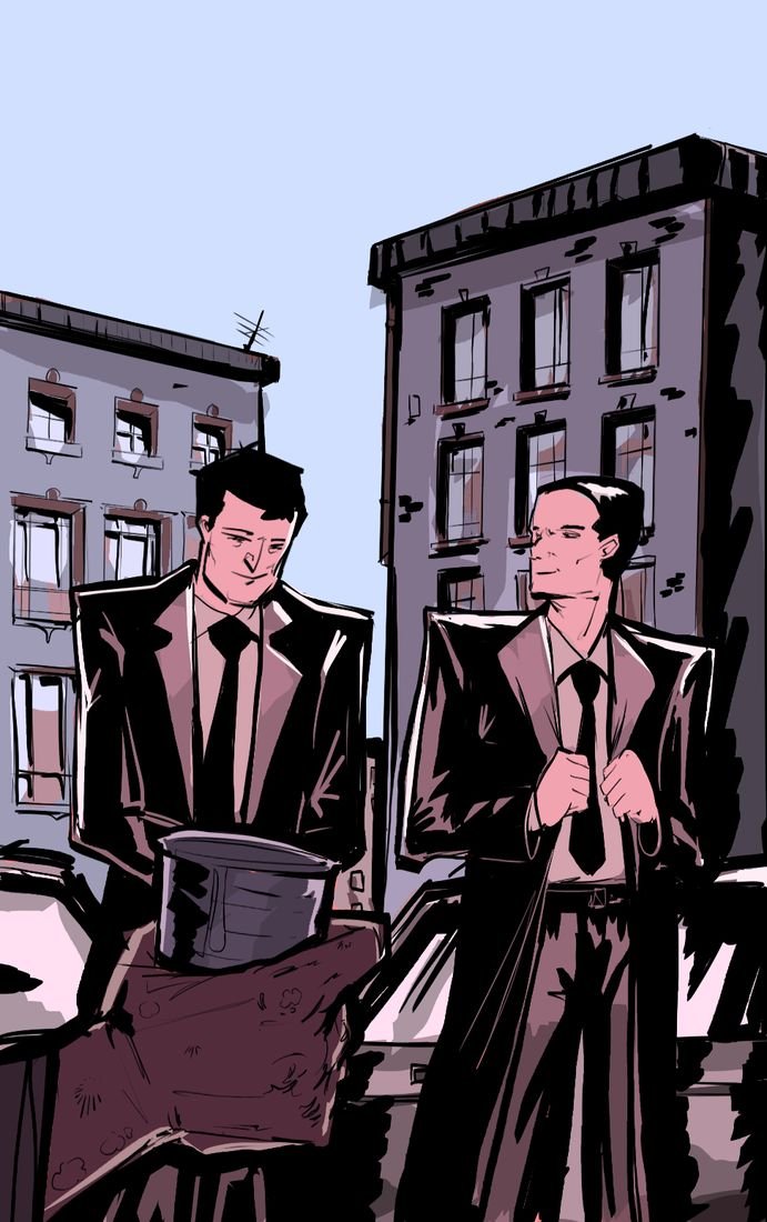 Comic panel: two men in suits in a grey city street