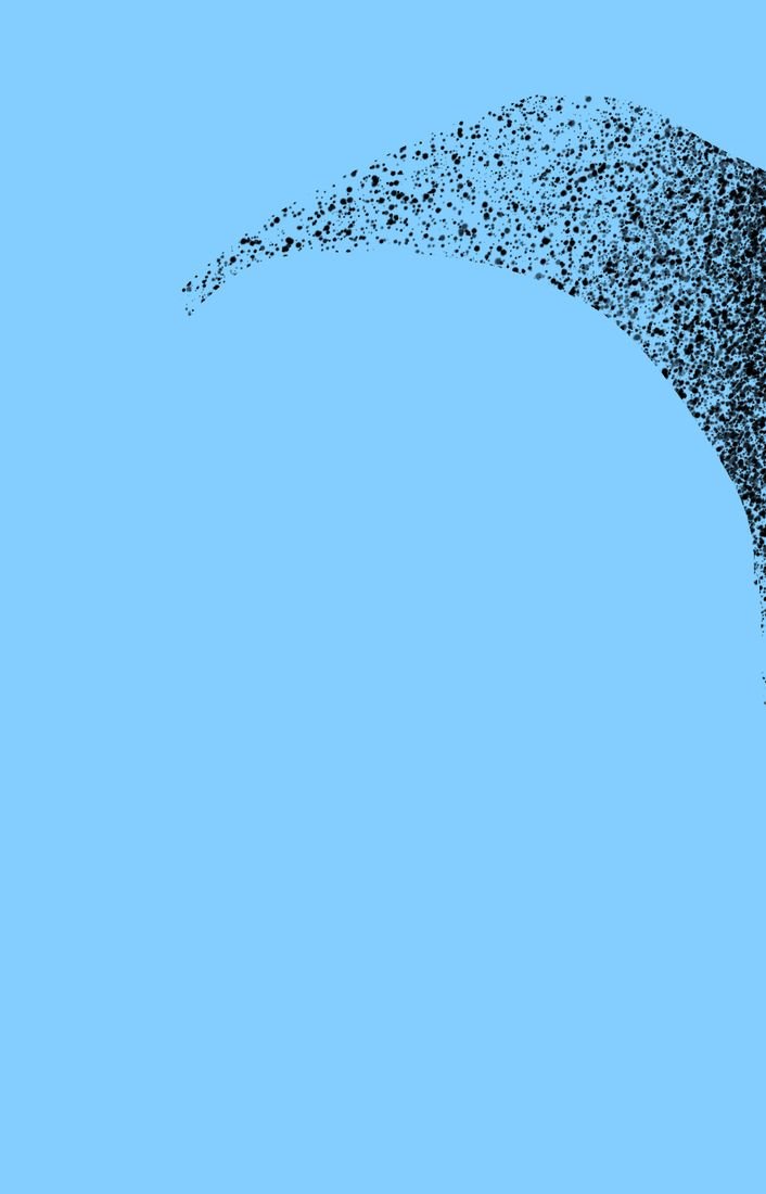 Comic panel: a swarm curving across a bright blue sky